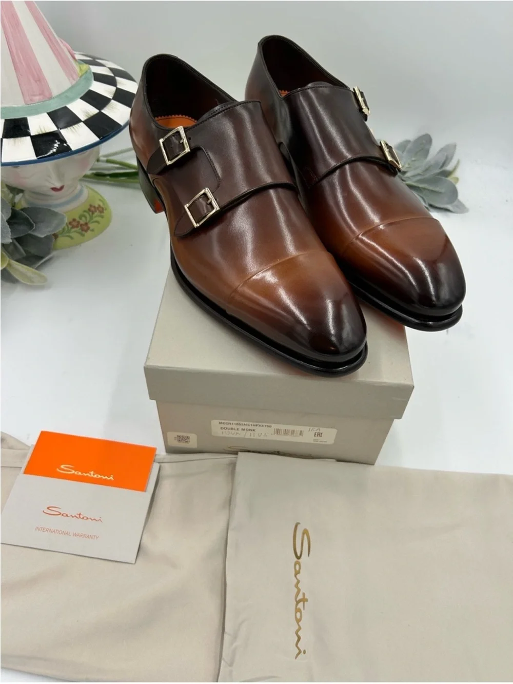 Men’s Santoni Ira double monk strap BURNISHED leather Oxford, size 11 US